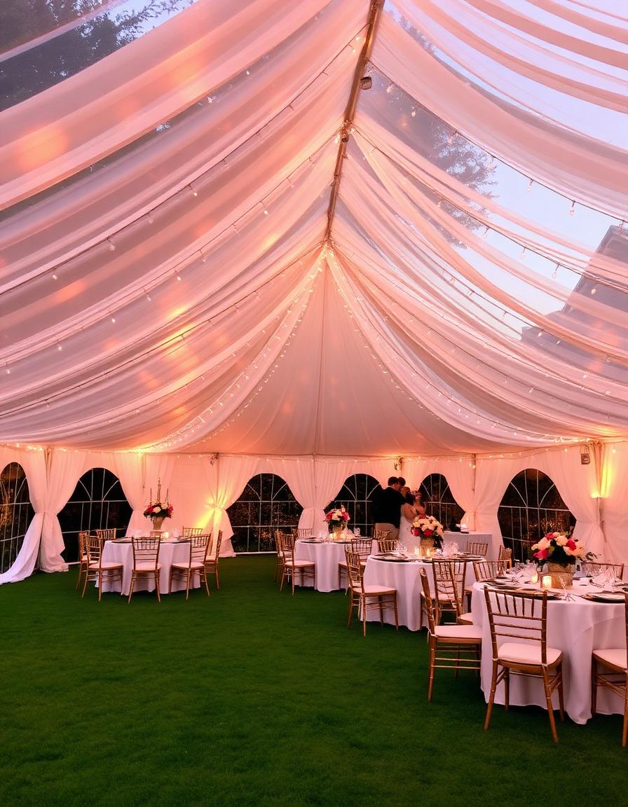 Sfeervolle partytent met verlichting en gedekte tafels